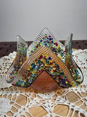 Vintage Handcrafted Confetti Art Glass Handkerchief Bowl or Votive Holder